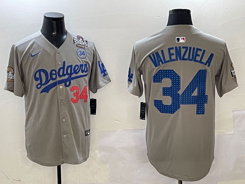 Men Los Angeles Dodgers #34 Valenzuela Grey Blue Fashion Game 2025 Nike MLB Jersey style 3263
